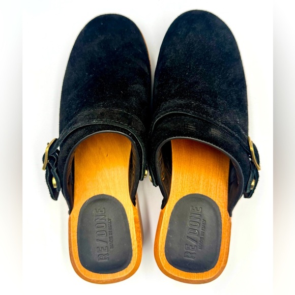 Re/Done Sz 39 70’s Classic Clogs Black suede on wooden platform - Picture 5 of 9